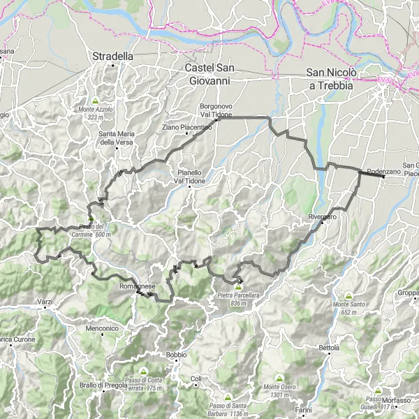 Karttaminiaatyyri "Podenzano - Volpara - Caratta" pyöräilyinspiraatiosta alueella Emilia-Romagna, Italy. Luotu Tarmacs.app pyöräilyreittisuunnittelijalla