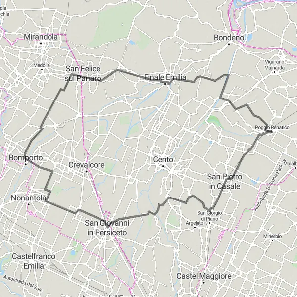 Miniatua del mapa de inspiración ciclista "Ruta panorámica de Poggio Renatico a Castello Lambertini" en Emilia-Romagna, Italy. Generado por Tarmacs.app planificador de rutas ciclistas