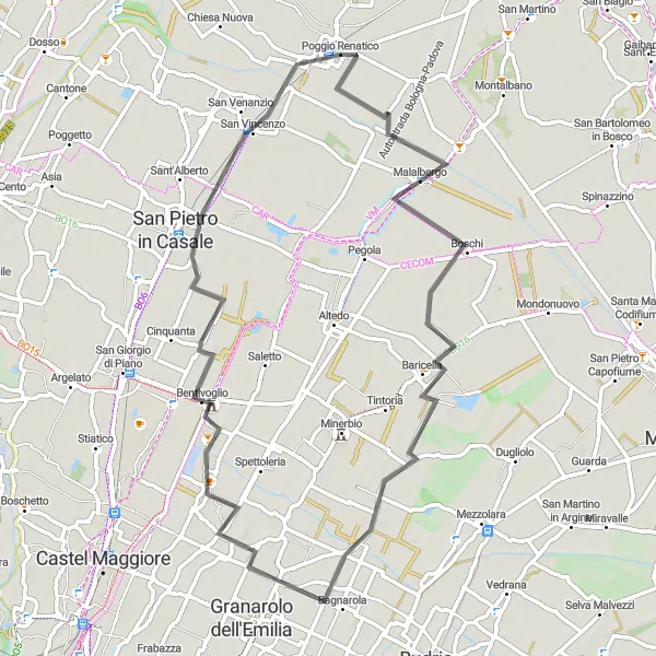 Karten-Miniaturansicht der Radinspiration "Rundtour von Poggio Renatico nach Malalbergo" in Emilia-Romagna, Italy. Erstellt vom Tarmacs.app-Routenplaner für Radtouren