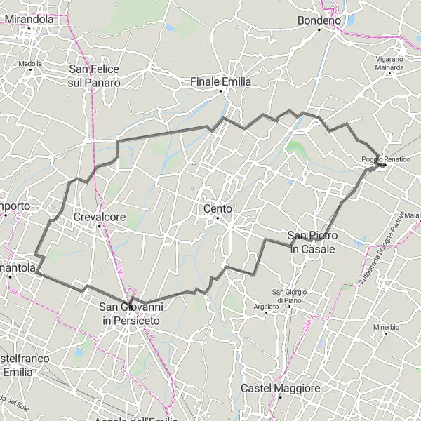 Miniatua del mapa de inspiración ciclista "Ruta a San Pietro in Casale y Palata Pepoli" en Emilia-Romagna, Italy. Generado por Tarmacs.app planificador de rutas ciclistas