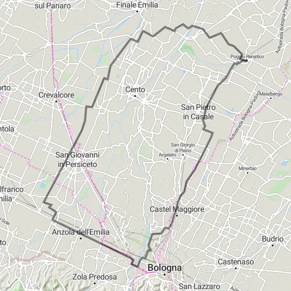 Miniatua del mapa de inspiración ciclista "Ruta de ciclismo desde y cerca de Poggio Renatico" en Emilia-Romagna, Italy. Generado por Tarmacs.app planificador de rutas ciclistas