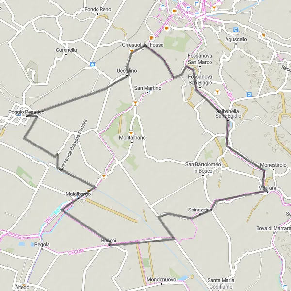 Miniatua del mapa de inspiración ciclista "Ruta a Torre della Fossa y Malalbergo" en Emilia-Romagna, Italy. Generado por Tarmacs.app planificador de rutas ciclistas