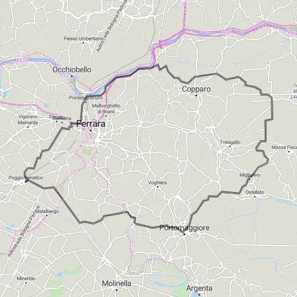 Miniatua del mapa de inspiración ciclista "Ruta a Cassana y Pescara" en Emilia-Romagna, Italy. Generado por Tarmacs.app planificador de rutas ciclistas