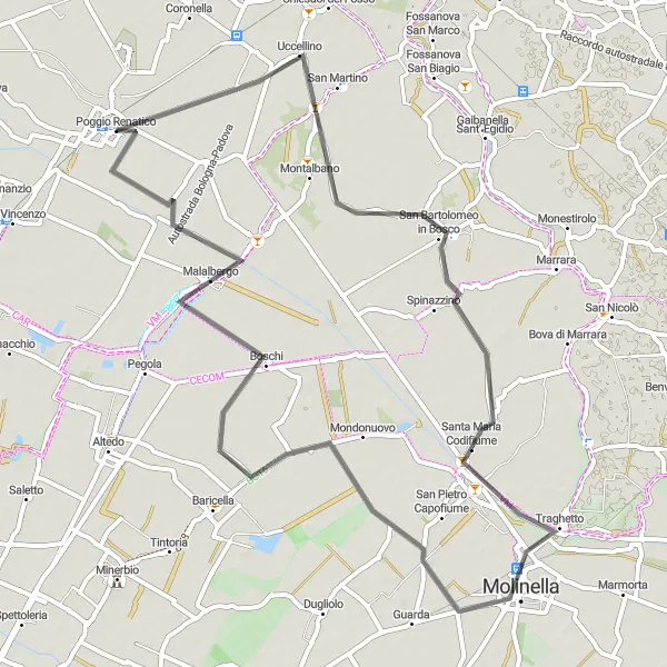 Miniatua del mapa de inspiración ciclista "Ruta de Ciclismo de Carretera Molinella - Malalbergo - Castello Lambertini" en Emilia-Romagna, Italy. Generado por Tarmacs.app planificador de rutas ciclistas