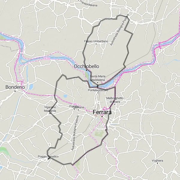 Miniatua del mapa de inspiración ciclista "Viaje escénico a través de Vigarano Mainarda" en Emilia-Romagna, Italy. Generado por Tarmacs.app planificador de rutas ciclistas