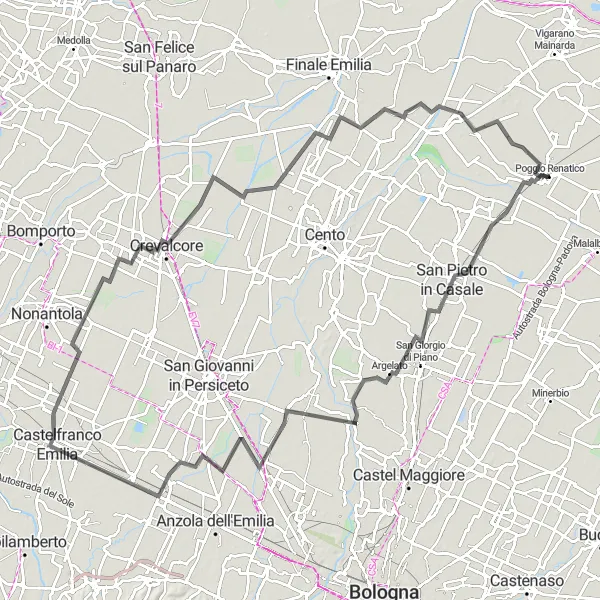 Karten-Miniaturansicht der Radinspiration "Entdeckungsreise durch Crevalcore und Umgebung" in Emilia-Romagna, Italy. Erstellt vom Tarmacs.app-Routenplaner für Radtouren