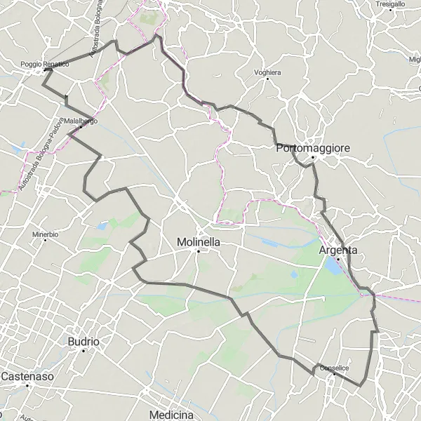 Miniatura della mappa di ispirazione al ciclismo "Giro in bicicletta da Poggio Renatico" nella regione di Emilia-Romagna, Italy. Generata da Tarmacs.app, pianificatore di rotte ciclistiche