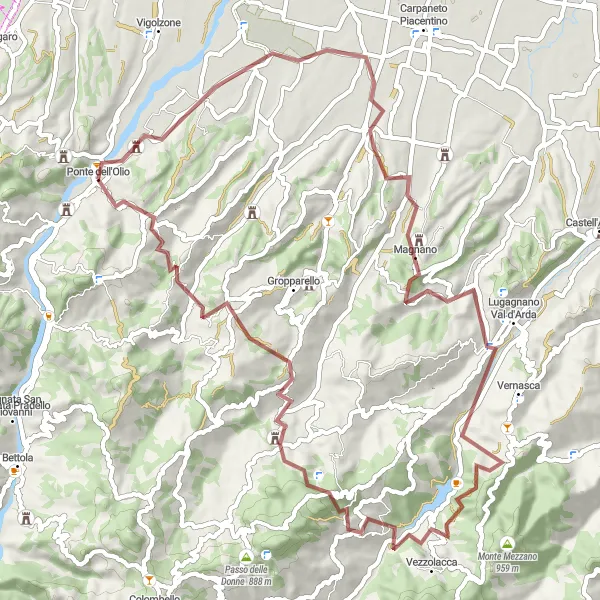 Zemljevid v pomanjšavi "Raziskovanje podeželskih poti z gravel kolesi" kolesarske inspiracije v Emilia-Romagna, Italy. Generirano z načrtovalcem kolesarskih poti Tarmacs.app