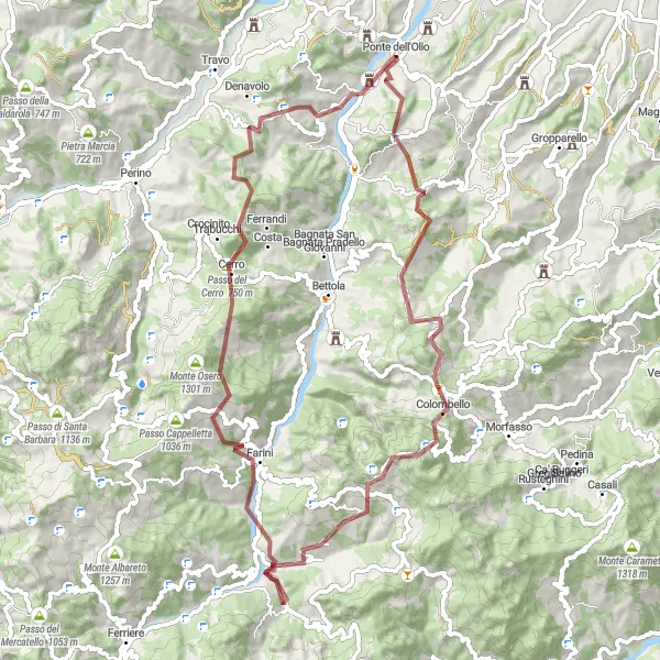 Miniaturní mapa "Challenging Gravel Route with Steep Ascents" inspirace pro cyklisty v oblasti Emilia-Romagna, Italy. Vytvořeno pomocí plánovače tras Tarmacs.app