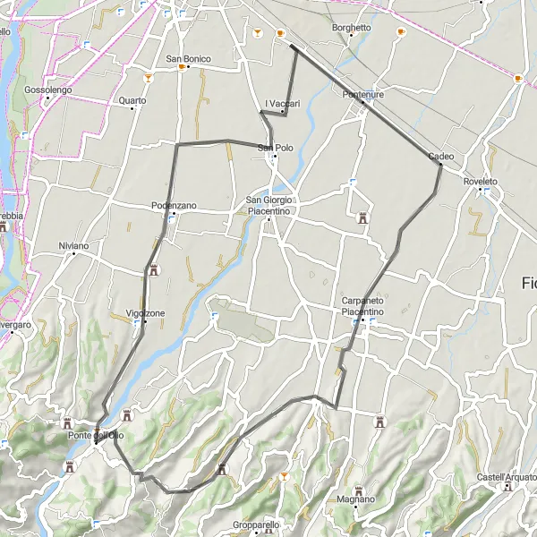 Map miniature of "Exploring Piacentino" cycling inspiration in Emilia-Romagna, Italy. Generated by Tarmacs.app cycling route planner