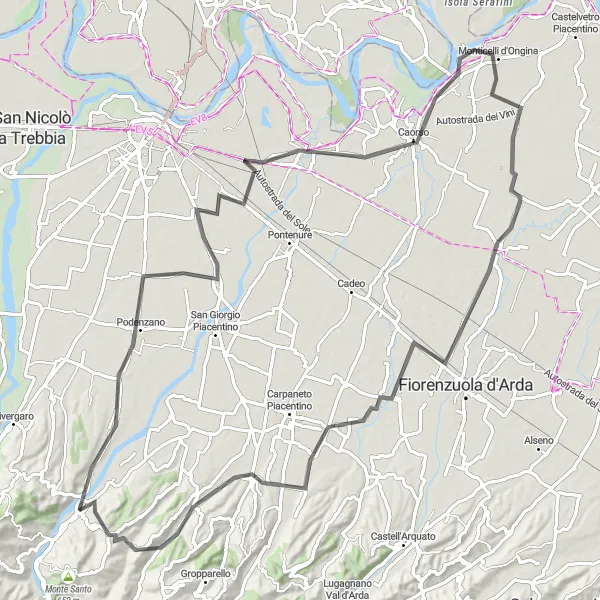 Miniatua del mapa de inspiración ciclista "Ruta escénica en carretera desde Ponte dell'Olio" en Emilia-Romagna, Italy. Generado por Tarmacs.app planificador de rutas ciclistas