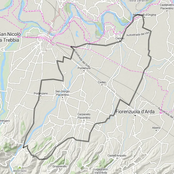 Miniaturní mapa "Cyklistická trasa z Ponte dell'Olio: Ponte dell'Olio - Podenzano - Roncaglia - San Pietro in Cerro - Ciriano - Castione" inspirace pro cyklisty v oblasti Emilia-Romagna, Italy. Vytvořeno pomocí plánovače tras Tarmacs.app