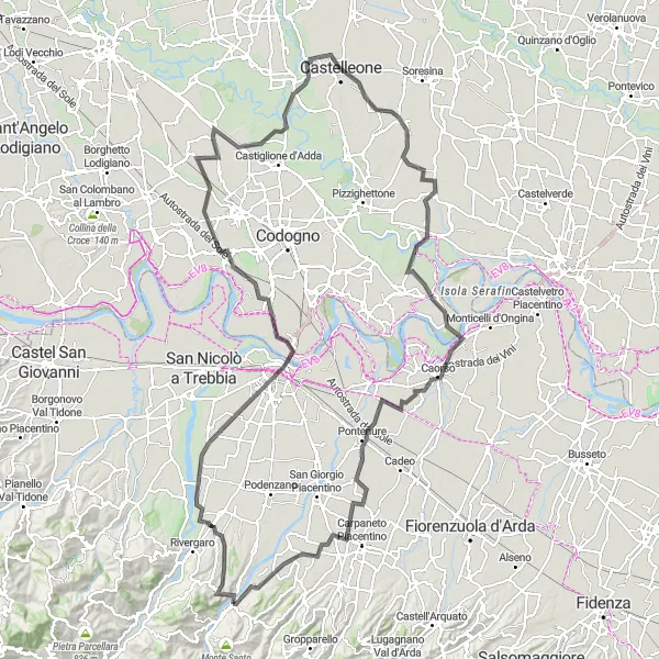 Miniatura della mappa di ispirazione al ciclismo "Giro in Bici su Strada da ponte dell'Olio" nella regione di Emilia-Romagna, Italy. Generata da Tarmacs.app, pianificatore di rotte ciclistiche