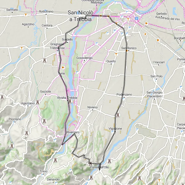 Map miniature of "Scenic Rivergaro Road Loop" cycling inspiration in Emilia-Romagna, Italy. Generated by Tarmacs.app cycling route planner