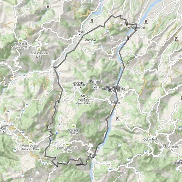 Miniaturní mapa "Cyklistická trasa z Ponte dell'Olio: Biana - Farini - Mareto - Monte Piatello - Travo - Castelvecchio" inspirace pro cyklisty v oblasti Emilia-Romagna, Italy. Vytvořeno pomocí plánovače tras Tarmacs.app