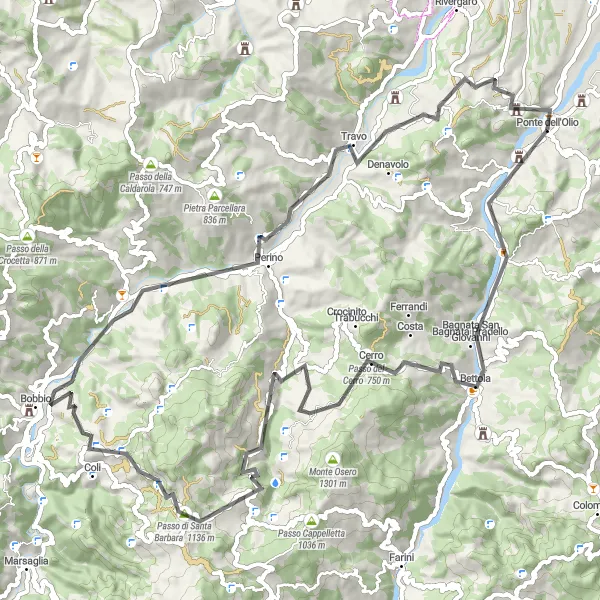 Mapa miniatúra "Road Cycling Adventure in Emilia-Romagna" cyklistická inšpirácia v Emilia-Romagna, Italy. Vygenerované cyklistickým plánovačom trás Tarmacs.app