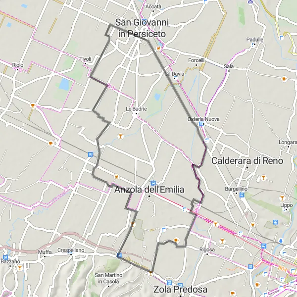 Miniatura della mappa di ispirazione al ciclismo "Passeggiata in bicicletta su strada verso San Giovanni in Persiceto" nella regione di Emilia-Romagna, Italy. Generata da Tarmacs.app, pianificatore di rotte ciclistiche