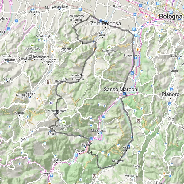 Miniatua del mapa de inspiración ciclista "Ruta de ciclismo de carretera Ponte Ronca - San Martino in Casola" en Emilia-Romagna, Italy. Generado por Tarmacs.app planificador de rutas ciclistas