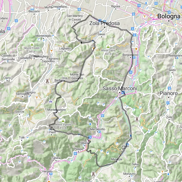 Miniatura della mappa di ispirazione al ciclismo "Tour su strada attraverso Pontecchio Marconi e Monte Vignola" nella regione di Emilia-Romagna, Italy. Generata da Tarmacs.app, pianificatore di rotte ciclistiche