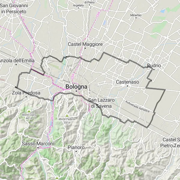 Zemljevid v pomanjšavi "Fascinantna kolesarska pot do Giardini Margherita" kolesarske inspiracije v Emilia-Romagna, Italy. Generirano z načrtovalcem kolesarskih poti Tarmacs.app