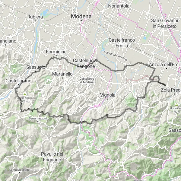 Miniatua del mapa de inspiración ciclista "Ruta de ciclismo en carretera Ponte Ronca - San Michele dei Mucchietti" en Emilia-Romagna, Italy. Generado por Tarmacs.app planificador de rutas ciclistas