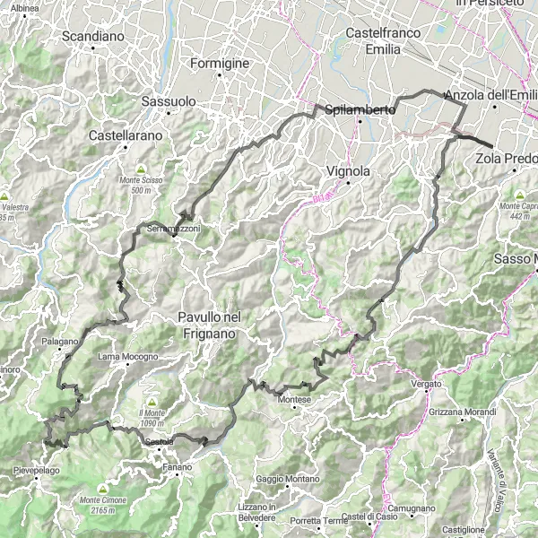 Zemljevid v pomanjšavi "Odkrivanje Apenninov" kolesarske inspiracije v Emilia-Romagna, Italy. Generirano z načrtovalcem kolesarskih poti Tarmacs.app