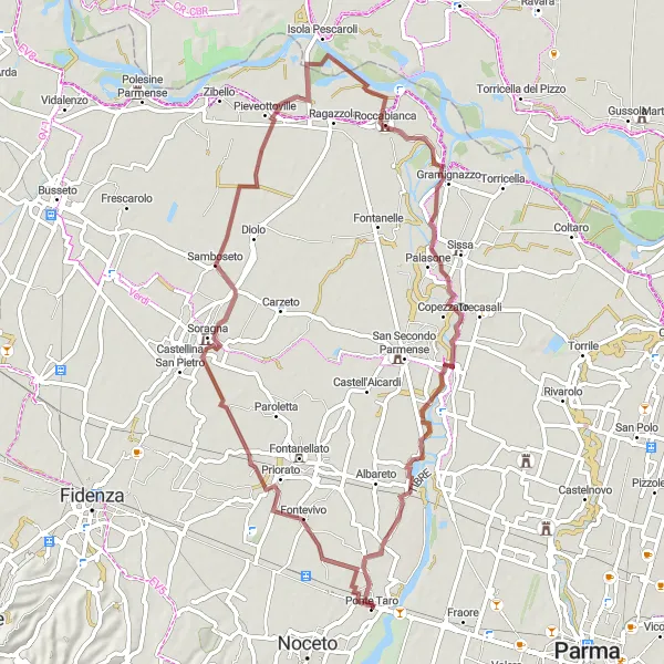 Mapa miniatúra "Scenic Gravel Adventure to Rocca dei Rossi" cyklistická inšpirácia v Emilia-Romagna, Italy. Vygenerované cyklistickým plánovačom trás Tarmacs.app