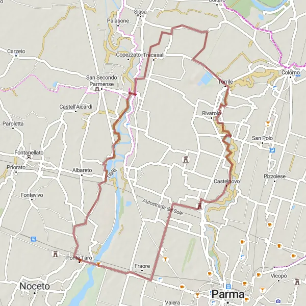 Zemljevid v pomanjšavi "Gravel cycling adventure near Ponte Taro" kolesarske inspiracije v Emilia-Romagna, Italy. Generirano z načrtovalcem kolesarskih poti Tarmacs.app