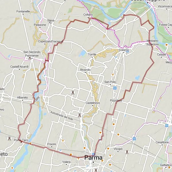 Miniatua del mapa de inspiración ciclista "Ruta de gravilla por las afueras de Ponte Taro" en Emilia-Romagna, Italy. Generado por Tarmacs.app planificador de rutas ciclistas