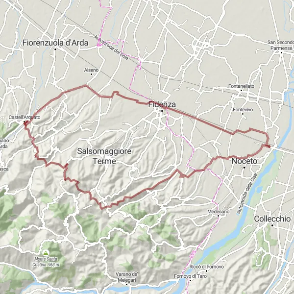 Map miniature of "Mountainous Escape: Costa Combù" cycling inspiration in Emilia-Romagna, Italy. Generated by Tarmacs.app cycling route planner