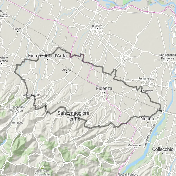 Map miniature of "The Hills and Castles of Emilia-Romagna" cycling inspiration in Emilia-Romagna, Italy. Generated by Tarmacs.app cycling route planner