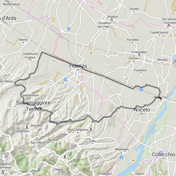 Kartminiatyr av "Kullar och historiska platser cykeltur" cykelinspiration i Emilia-Romagna, Italy. Genererad av Tarmacs.app cykelruttplanerare