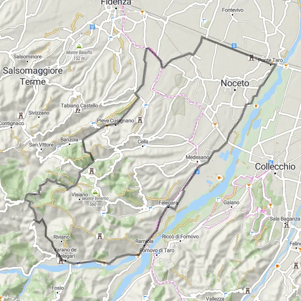 Kartminiatyr av "Vägcykling till Castelguelfo" cykelinspiration i Emilia-Romagna, Italy. Genererad av Tarmacs.app cykelruttplanerare