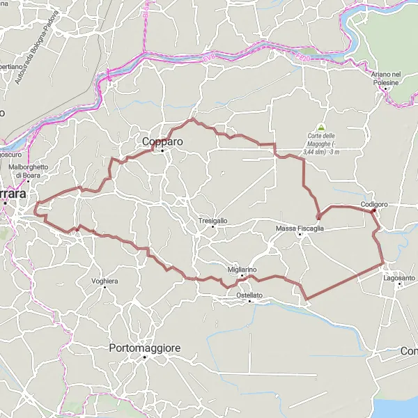 Miniaturní mapa "Gravel dobrodružství" inspirace pro cyklisty v oblasti Emilia-Romagna, Italy. Vytvořeno pomocí plánovače tras Tarmacs.app