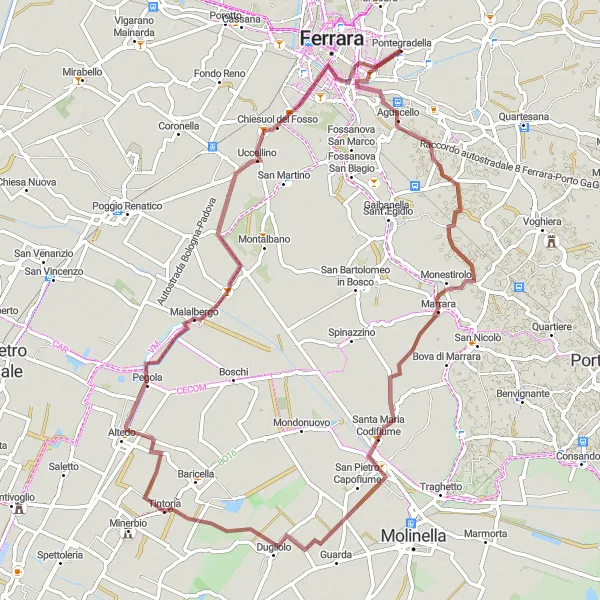 Miniature de la carte de l'inspiration cycliste "Boucle gravier à proximité de Pontegradella" dans la Emilia-Romagna, Italy. Générée par le planificateur d'itinéraire cycliste Tarmacs.app