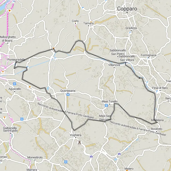 Miniatura della mappa di ispirazione al ciclismo "Giro della Campagna Emiliana" nella regione di Emilia-Romagna, Italy. Generata da Tarmacs.app, pianificatore di rotte ciclistiche