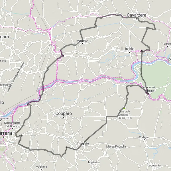 Miniatua del mapa de inspiración ciclista "Aventura en bicicleta de 155 km desde Pontegradella" en Emilia-Romagna, Italy. Generado por Tarmacs.app planificador de rutas ciclistas