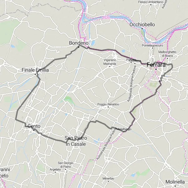 Miniatura della mappa di ispirazione al ciclismo "Giro in bicicletta da Pontegradella a Bondeno" nella regione di Emilia-Romagna, Italy. Generata da Tarmacs.app, pianificatore di rotte ciclistiche