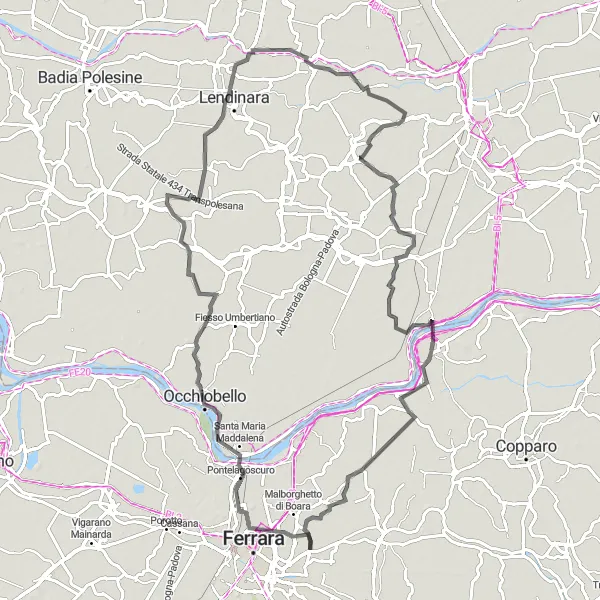 Miniatura della mappa di ispirazione al ciclismo "Giro in bici da Pontegradella a Arquà Polesine" nella regione di Emilia-Romagna, Italy. Generata da Tarmacs.app, pianificatore di rotte ciclistiche