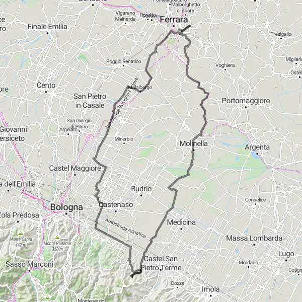 Miniatura della mappa di ispirazione al ciclismo "Rotta panoramica da Pontegradella a Malalbergo" nella regione di Emilia-Romagna, Italy. Generata da Tarmacs.app, pianificatore di rotte ciclistiche