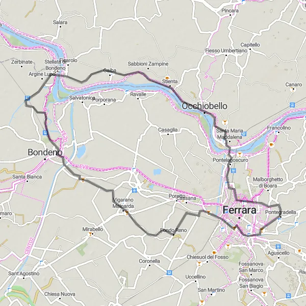 Miniaturní mapa "Kratičký okruh kolem Pontegradella přes Piazzo Trento e Trieste a Pontelagoscuro" inspirace pro cyklisty v oblasti Emilia-Romagna, Italy. Vytvořeno pomocí plánovače tras Tarmacs.app