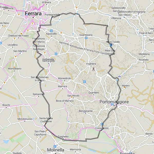 Miniatua del mapa de inspiración ciclista "Ruta escénica de 77 km desde Pontegradella" en Emilia-Romagna, Italy. Generado por Tarmacs.app planificador de rutas ciclistas