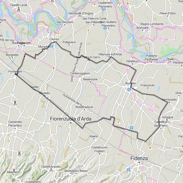 Zemljevid v pomanjšavi "Pustolovska kolesarska tura v okolici Pontenure" kolesarske inspiracije v Emilia-Romagna, Italy. Generirano z načrtovalcem kolesarskih poti Tarmacs.app