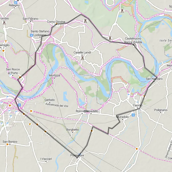 Zemljevid v pomanjšavi "Kolesarska pot Piacenza" kolesarske inspiracije v Emilia-Romagna, Italy. Generirano z načrtovalcem kolesarskih poti Tarmacs.app