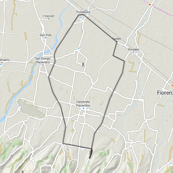 Miniature de la carte de l'inspiration cycliste "Boucle pittoresque autour de Cadeo" dans la Emilia-Romagna, Italy. Générée par le planificateur d'itinéraire cycliste Tarmacs.app
