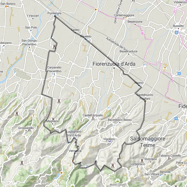 Map miniature of "Cadeo Loop" cycling inspiration in Emilia-Romagna, Italy. Generated by Tarmacs.app cycling route planner