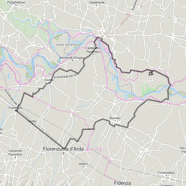 Miniatua del mapa de inspiración ciclista "Ruta de carretera desde Pontenure hasta Cadeo" en Emilia-Romagna, Italy. Generado por Tarmacs.app planificador de rutas ciclistas