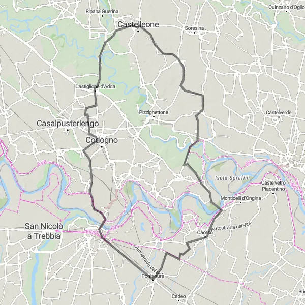 Miniatura della mappa di ispirazione al ciclismo "Passeggiata in bicicletta attraverso le campagne di Piacenza" nella regione di Emilia-Romagna, Italy. Generata da Tarmacs.app, pianificatore di rotte ciclistiche