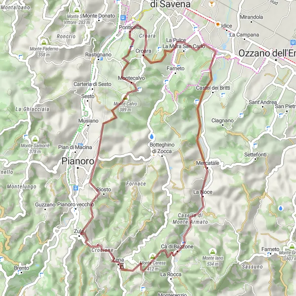 Zemljevid v pomanjšavi "Gravelska pot skozi hribe in vasice" kolesarske inspiracije v Emilia-Romagna, Italy. Generirano z načrtovalcem kolesarskih poti Tarmacs.app