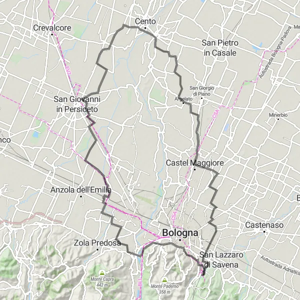 Zemljevid v pomanjšavi "Cestna avantura okrog Ponticelle" kolesarske inspiracije v Emilia-Romagna, Italy. Generirano z načrtovalcem kolesarskih poti Tarmacs.app